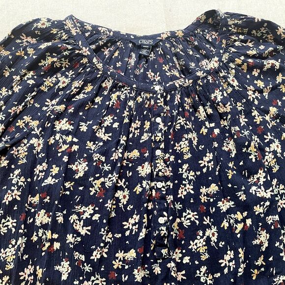 Chaps | Navy Floral Long Sleeve Peasant Top | Medium - Picture 3 of 6